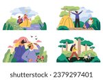 Ecotourism banners or screen for application designs set, flat vector illustration isolated on white background. Ecotourism traveling activity in natural environments.