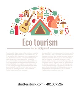 Ecotourism camping poster template with flat cartoon design elements. Tent backpack binocular guitar camping lantern map compass squirrel hedgehog, bird, forest. Vector illustration of outdoor icons