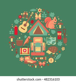 Ecotourism camping poster template with flat cartoon design elements. Tent backpack binocular guitar camping lantern map compass squirrel hedgehog, bird, forest. Vector illustration of outdoor icons