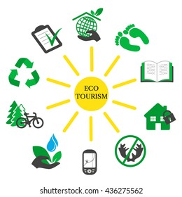 Ecotourism concept -  eco symbols located in a circle around the sun on white background.  Green tourism template for banner, flyer, poster or card.