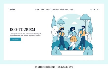 Eco-tourism concept. Group of friends exploring nature with eco-friendly travel mindset. Sustainable travel and adventure. Vector illustration.