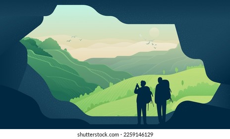 Ecotourism concept. Tourists with backpacks observe mountain landscape. Travelers standing in rock cave and take pictures. Grain texture vector illustration