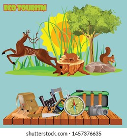 Ecotourism concept,  vacation deals design concept with bag and backpack, sunglasses,animals, etc.