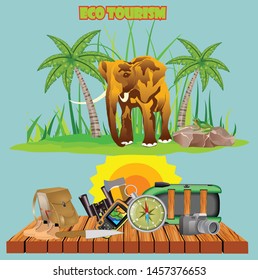 Ecotourism concept,  vacation deals design concept with bag and backpack, sunglasses,animals, etc.