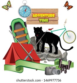 Ecotourism concept, vacation deals design concept with black panther, tent and boat, sunglasses,animals, etc.
