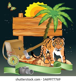 Ecotourism concept, vacation deals design concept, tiger, bag and backpack, compass, etc.
