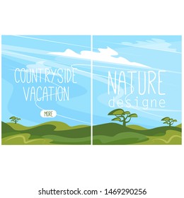 Ecotourism and countryside vacation. Ecology and environment. Rural landscape with green hills and blue sky in cartoon style. Beautiful summer meadow. Spring farmland background vector illustration.