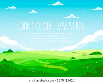 Ecotourism and countryside vacation. Rural landscape with green hills and blue sky in cartoon style. Beautiful summer meadow. Spring farmland background vector illustration