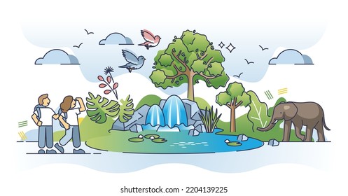 Ecotourism and couple hiking together outdoors in nature outline concept. Sustainable and environmental friendly activity using walking and backpacking for forest exploration vector illustration.