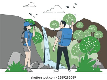 Ecotourism and couple hiking together outdoors in nature outline concept. Sustainable and environmental friendly activity using walking and backpacking for forest exploration vector illustration.