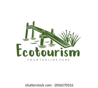 Ecotourism, dock, pier and aquatic plants, logo design. Traveling, tourism, rural scene and agritourism, vector design and illustration