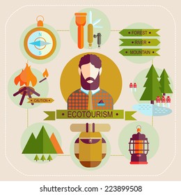 ecotourism man set flat icons