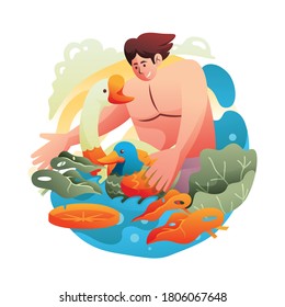 Ecotourism Man Swimming With Duck and Goose