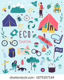 Ecotourism poster design for nature destinations with set of colorful icons depicting camping, hiking, kayaking, cycling and the mountains, colored vector illustration