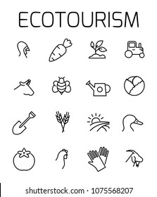 Ecotourism related vector icon set. Well-crafted sign in thin line style with editable stroke. Vector symbols isolated on a white background. Simple pictograms.