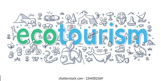 Ecotourism, responsible traveling abstract illustration with hand written word lettering. Doodle concept of low-impact tourism for web banner, hero image and printing material