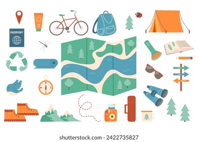 Ecoturismo. un conjunto de artículos para la caminata, equipo. ecoviaje. ilustración vectorial. campamento de verano en el bosque.