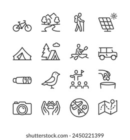 Ecotourism and Sustainable Travel, icon set. Featuring Hiking, Biking, Camping, River Rafting, and Wildlife Observations linear icons. Line with editable stroke