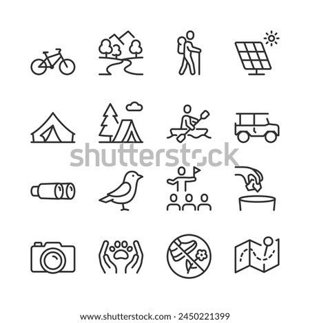 Ecotourism and Sustainable Travel, icon set. Featuring Hiking, Biking, Camping, River Rafting, and Wildlife Observations linear icons. Line with editable stroke