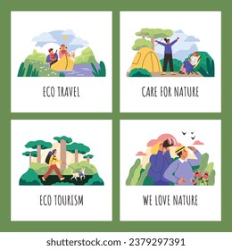 Ecotourism travel to support nature conservation web banners or social media posters set, flat vector illustration. Eco travel and tourism banners bundle.