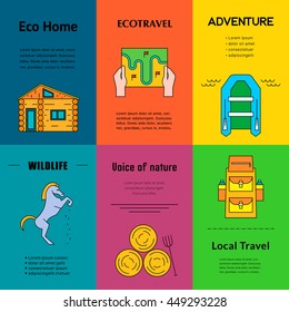 Ecotourism vector banner templates. Colorful modern flat linear concept. Outline symbol collection. Simple vector material design of web graphics.