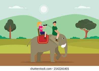 Ecotourism vector concept. Female tourist sitting on the elephant with tour guide while taking picture with digital camera