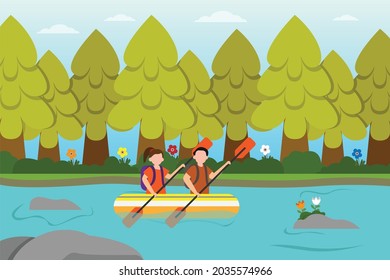 Ecotourism Vector Concept: Young Couple Rowing Boat Together In The River While Holding Paddle