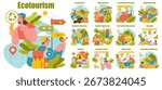 Ecotourism vector illustration featuring environmental education, cultural preservation, and adventure experiences. People engage in wildlife watching, hiking, and eco-friendly activities.