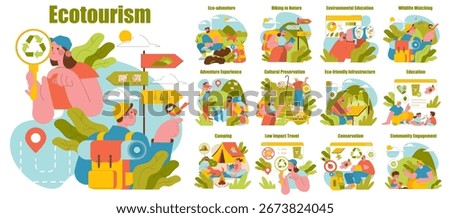 Ecotourism vector illustration featuring environmental education, cultural preservation, and adventure experiences. People engage in wildlife watching, hiking, and eco-friendly activities.