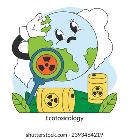 Ecotoxicology. Research of toxic waste impact on planet environment. Ecosystem contaminant. Distressed Earth with nuclear symbols. Flat vector illustration.