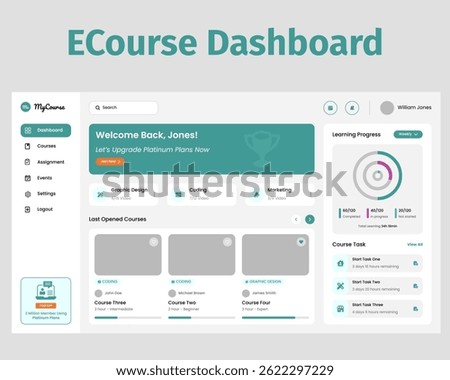 Ecourse Dashboard design UI Kit. Suitable for ecourse, learning and education purpose