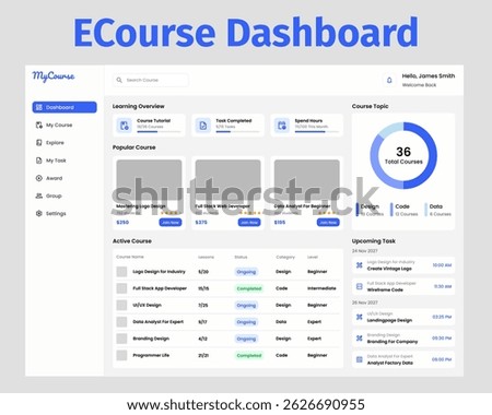 Ecourse Dashboard Minimalist design UI Kit. Suitable for ecourse, learning and education purpose