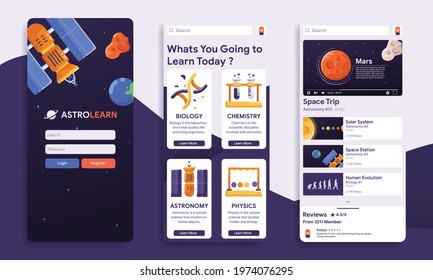 eCourse science astronomy mobile design app template, Flat satelite planet illustration