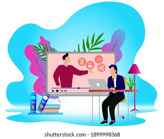 e-course, work from home, online student, online university while pandemic covid 19 for website portal or health living campaign. 
A complete flat design vector.