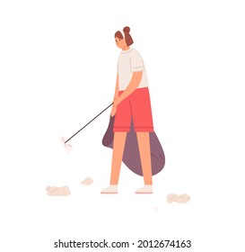 Eco-volunteer Picking Up Plastic Litter By Stabbing It With Garbage Pickup Stick. Female Activist With Trash Bag Cleaning Street And Collecting Rubbish. Flat Vector Illustration Isolated On White