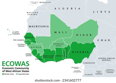 ECOWAS, Economic Community of West African States, member states, political map. Also known as CEDEAO, is a regional political and economic union of 15 countries in West Africa. Isolated illustration.