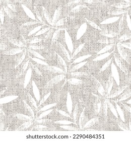 Ecru Beige Linen Texture Background printed with leafs  Natural Seamless Pattern. Weave Fabric for Wallpaper, Cloth Packaging, curtain, duvet cover, pillow, digital print pattern design