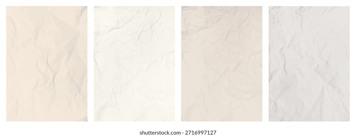Fundo de papel Ecru com conjunto de textura áspera e amassada. Coleção de vintage estilo coreano papel de parede creme empoeirado. Modelo vetor de folha enrugada fora do branco. Fino retro japonês, papel de embalagem chinês