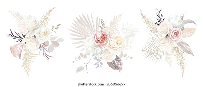 Ecru, white, blush pink rose, pale ranunculus, peony, magnolia, hydrangea, pampas grass, dried palm vector design big set.Trendy flowers. Beige, gold, taupe color. Elements are isolated and editable