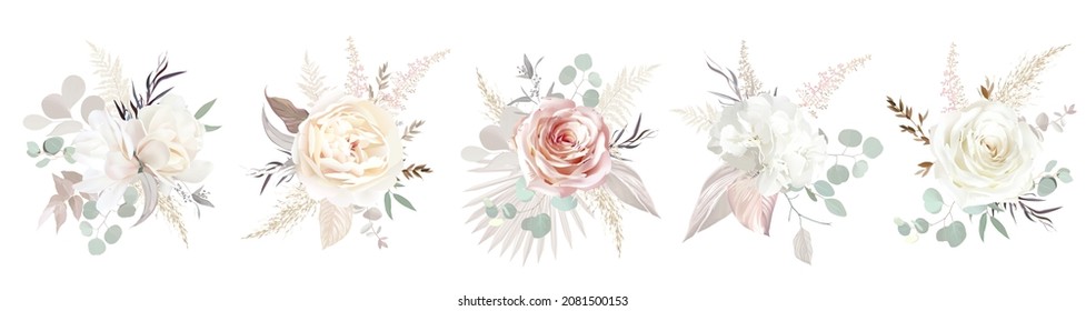 Ecru, white, blush pink rose, pale ranunculus, dusty magnolia, hydrangea, pampas grass, dried palm vector flowers big set.Trendy bouquets. Beige, gold, taupe color. Elements are isolated and editable
