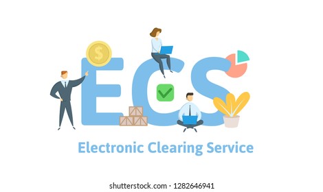 ECS, Electronic Clearing Service. Concept with keywords, letters and icons. Colored flat vector illustration. Isolated on white background.