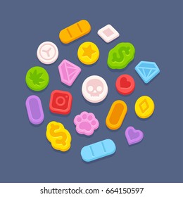 Ecstasy MDMA Pills. Recreational Party Drugs Concept, Illegal Drug Market Vector Illustration. Substance Abuse Problem.