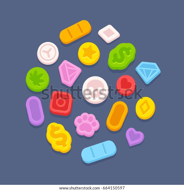 Ecstasy\
MDMA pills. Recreational party drugs concept, illegal drug market\
vector illustration. Substance abuse\
problem.