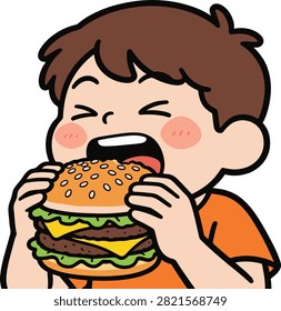 Ecstatic Boy with Messy Brown Hair Taking Massive Bite of Double Cheeseburger, Playful Kawaii Vector
