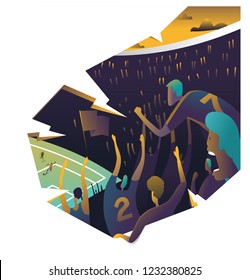 Ecstatic Soccer Fans In A Stadium Chanting Together. Vintage Vector Illustration