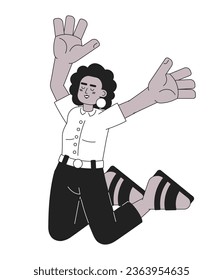 Ecstatic woman high up jumping monochromatic flat vector character. Attractive lady jump for joy. Editable thin line full body person on white. Simple bw cartoon spot image for web graphic design