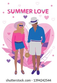 ector beauty illustration of modern  pretty woman in sorts, summer hat and  and handsome man in summer outfit.  Romantic love couple. Spring summer holiday collection. Flat vacation graphic