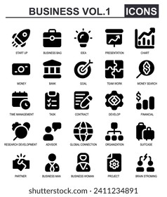 ector business set. black style.contains finance,development search,advisor,global connection,organization,suitcase,partner.good for icon set for busines application.