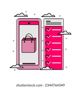 ector design of a screen showing online shopping on a website and checking items to add to cart and with feminine color concept