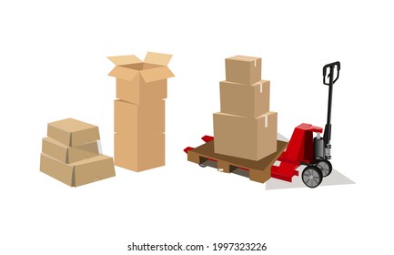 ector forklift truck with cardboard box isolated flat stock illustration icon loader, Hand pallet truck carries a pallet with boxes are isolated on a white